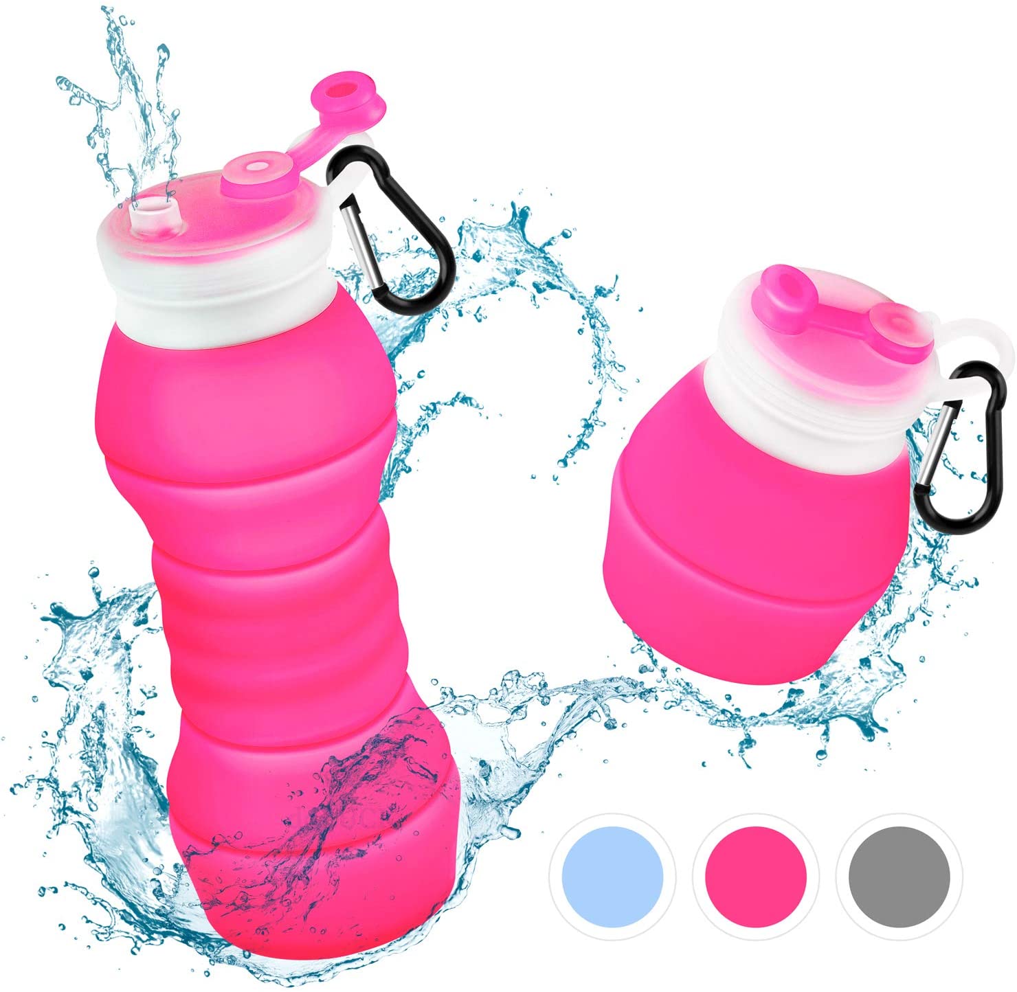 Botella de agua de silicona plegable, 550 ML, sin BPA, portátil, reutilizable, a prueba de fugas, botellas de agua deportivas de viaje para gimnasio, senderismo y ciclismo