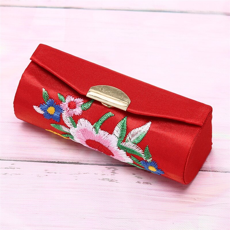 Holder Flower Lipstick Case Retro Embroidered With Mirror Jewelry Packaging Box: red