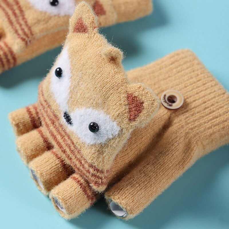 Leuke Cartoon Vos Kinderen Handschoenen Zachte Warme Gebreide Halve Vinger Jongens Meisjes Handschoenen Winter Outdoor Vijf Vingers Baby Handschoenen wanten