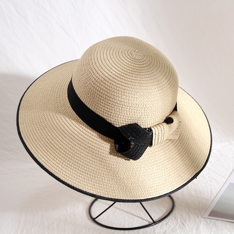 Bowknot sort hvid strå solhat dame sommer strand solskærms hatte oversize bred skygge hatte til kvinder: Stil 1 beige