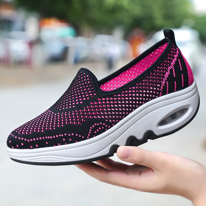 Spring Women Slimming Shoes Slip On Breathable Mesh Sneakers Outdoor Wedge Height Increasing Female Toning Swing Sneakers