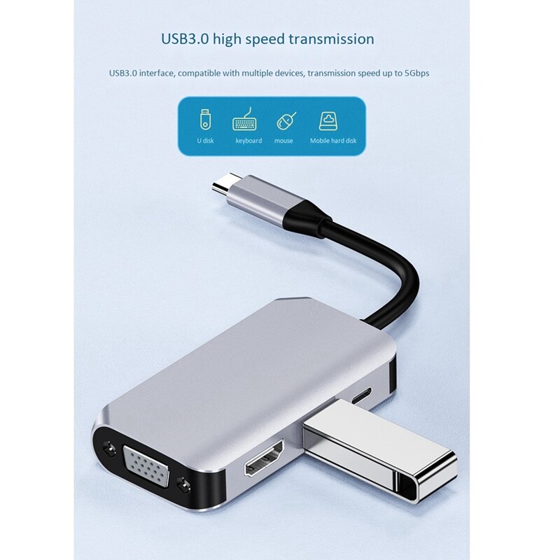 4 in 1 Type C to HDMI HUB USB 3.0 HUB TYPE C VGA PD 60W HDMI USB 3.0 Adapter Docking Station for Laptop Type C Hub Dock