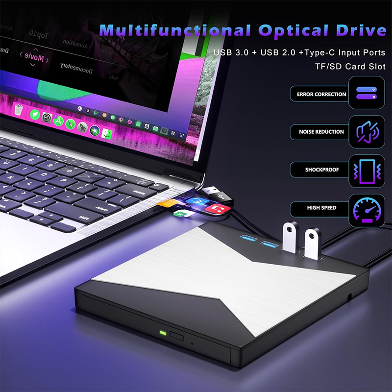 External CD/DVD Drive for Laptop DVD Player for PC 8-IN-1 CD Burner with 4 USB Ports and TF/SD Card Slots External Disk Drives