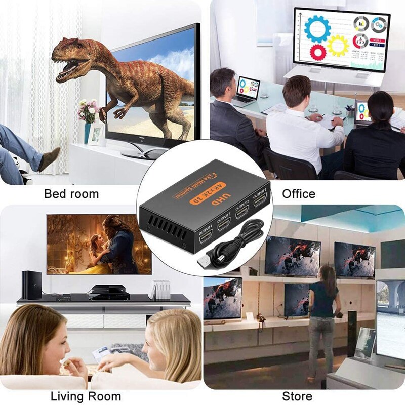 HDMI Compatible Splitter 1 in 4 Out, 4K Supports Full Ultra HD 1080P Switch Splitter for PC DVD HDTV Projector