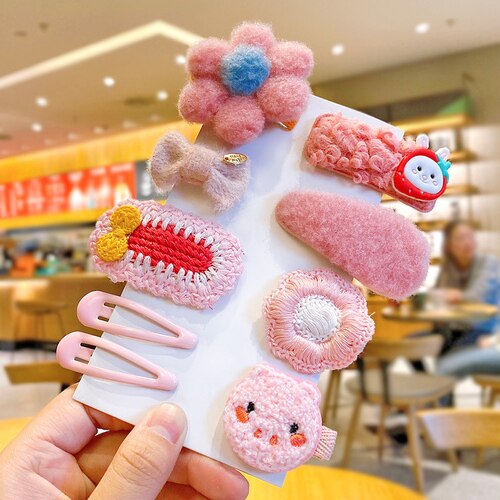 Newest 1set Winter Girls Cartoon Fruit Cashmere Faux Fur Soft Hairpins Sweet Children Hair Clips Kid Hair Accessories: Pink-9 Pcs