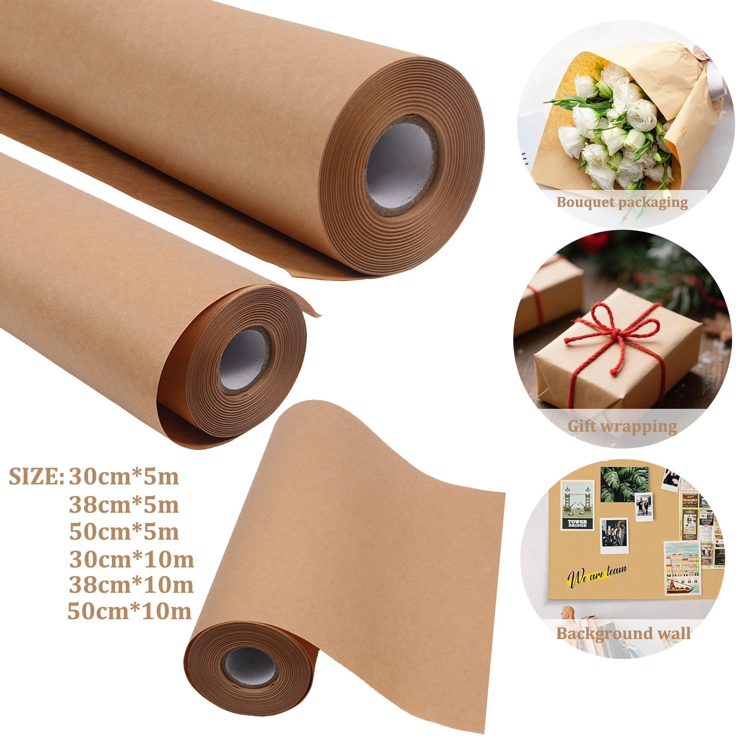 5-10m brune kraftpapirruller (  (30-50cm brede) - tykt biologisk nedbrytbart innpaknings- og pakkepapir for håndverk og flytting