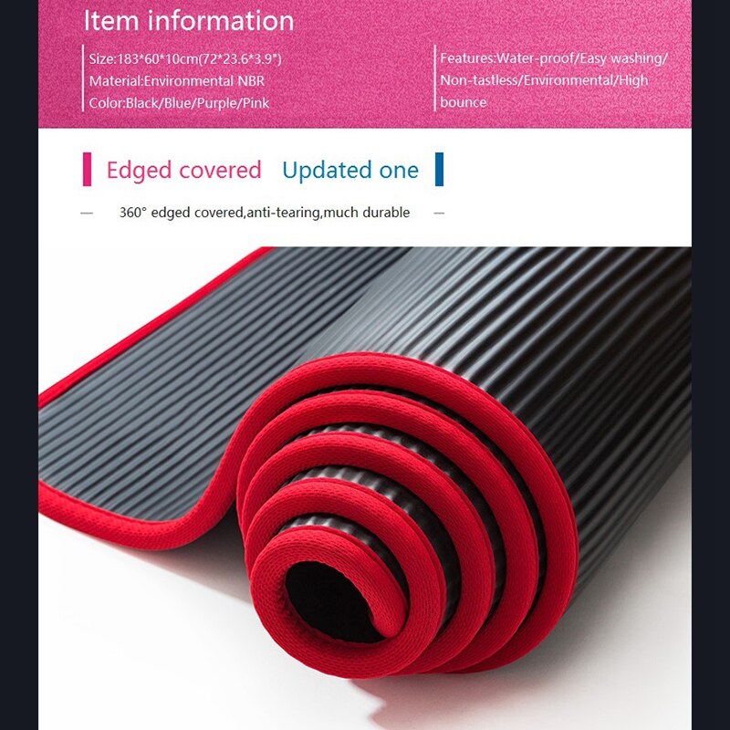 Yoga Mat 10mm Thick Non-Slip NBR Fitness Pilates Exercise Mat - 183x61cm