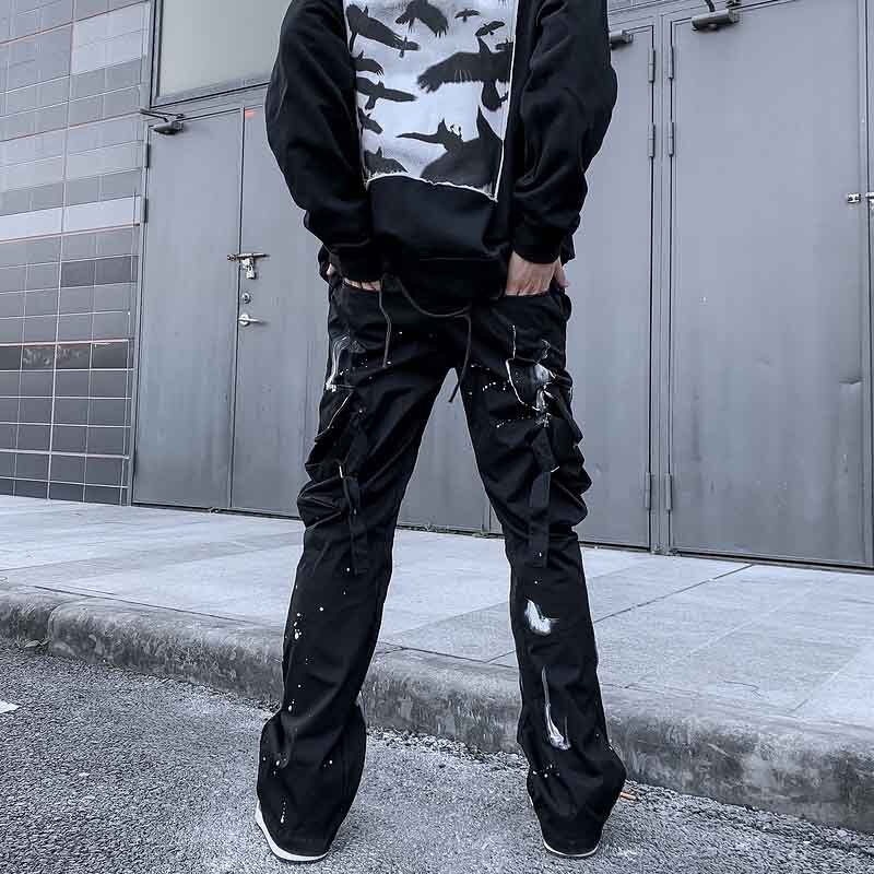 Kiovno Mannen Hip Hop Streetwear Broek Graffiti Gedrukt Broek Mannelijke Brabd Grote Zakken Met Linten