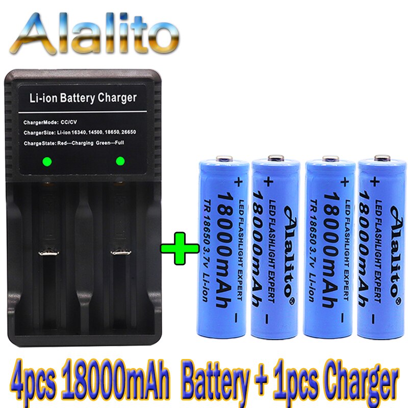 100% Original 3.7v 18000mah 18650 Lithium Rechargeable Battery For battery pack power tool Flashlight batteries+charger: Red