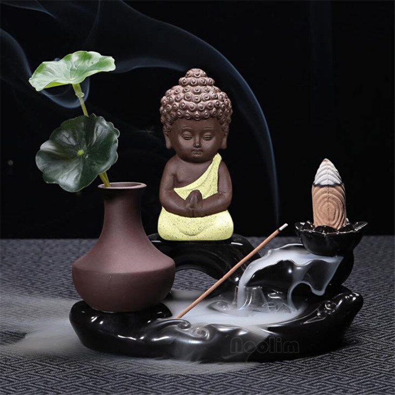 Little Monk Waterfall Incense Burner Backflow Buddha Incense Holder Censer Home Decor Buddhist Aroma Furnace: Yellow