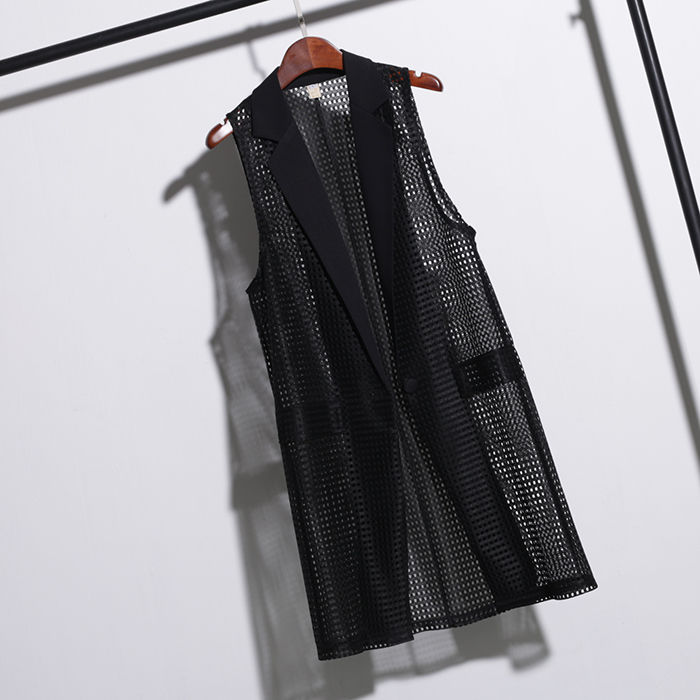 Billig turn-down krave udhulet lang damevest plus size sort ærmeløs jakke cardigan kontor dame sommer vest 4xl
