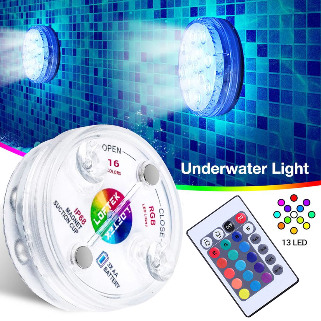 RGB Submersible Light with Magnet 13 LED Underwater Night Light for Outdoor Vase