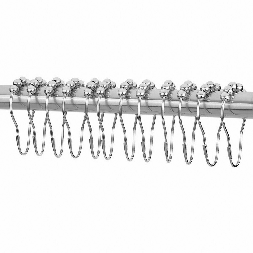 12 pcs Stainless Steel Curtain Hooks Bath Curtain Rollerball Shower Polished Satin Nickel Ball Curtain Rings Hooks 5 Rollers