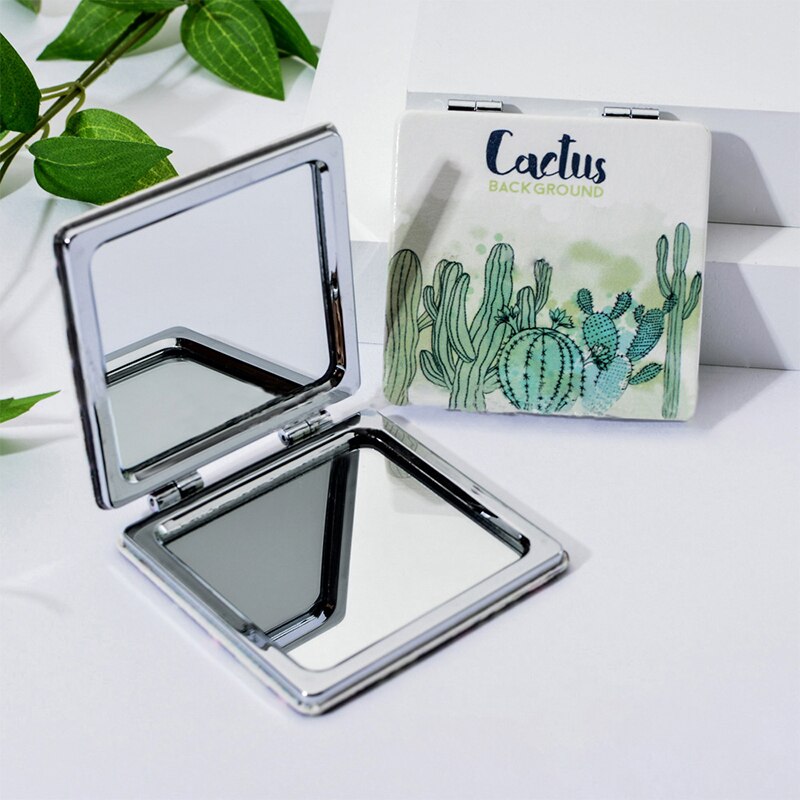 Make-Up Spiegel Draagbare Vierkante Gevouwen Compact Pocket Hand Ultra-Thined Cartoon Cactus Spiegels Dubbelzijdig Vergrotende Spiegel