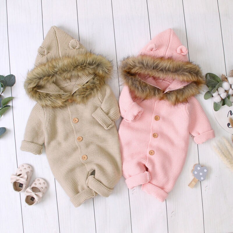 0-24M Baby Meisje Jongen Winter Rompertjes Kleding Gebreide Lange Mouwen Single Breasted Hoodie Romper Jumpsuit Outfits