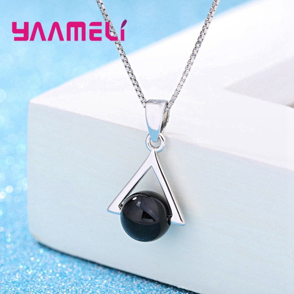 Charming Black Glass Triangle Pendant Necklace Earrings Jewelry Sets for Women Mother Solid 925 Sterling Silver