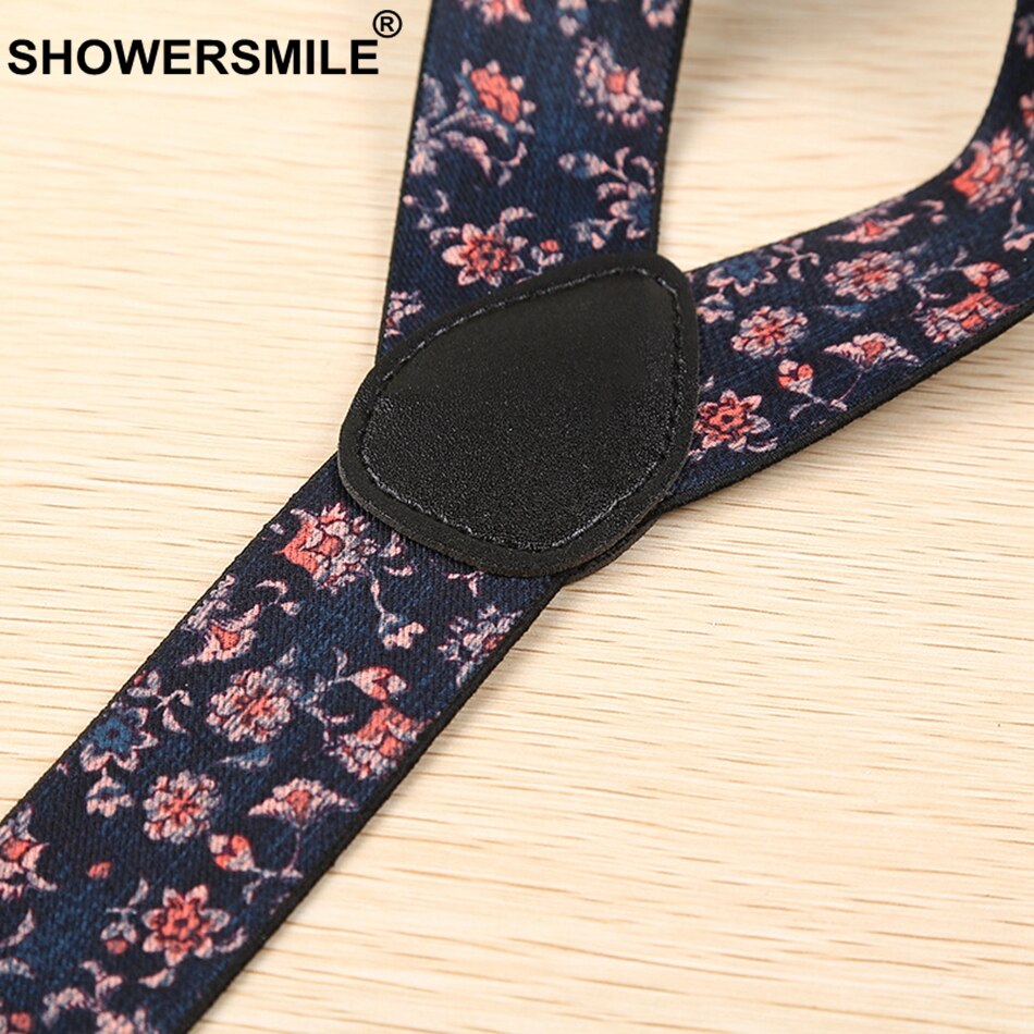 SHOWERSMILE-bretelles Floral pour hommes, larges bretelles Vintage pour pantalons masculin, imprimé marine, ceinture à bretelles arrière en Y avec Clips, 100cm
