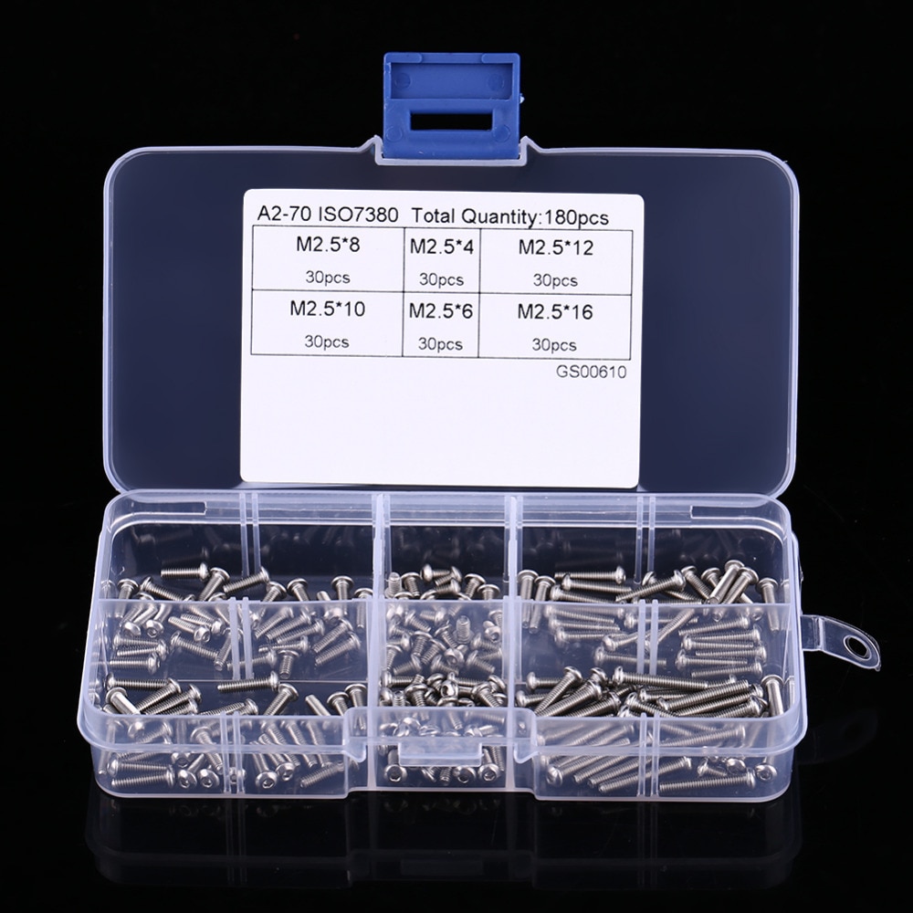 Factory Price 180pcs/Set M2.5 Stainless Steel SS304 Pan Head Hex Socket Screws Assortment Kit