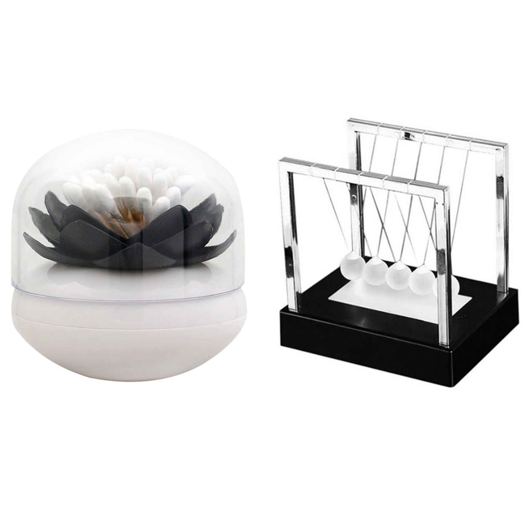 Chic Lotus Flower Cotton Bud Holder Toothpick Case With Newtons Cradle LED Light Up Kinetic Energy Home Science Toys: Default Title
