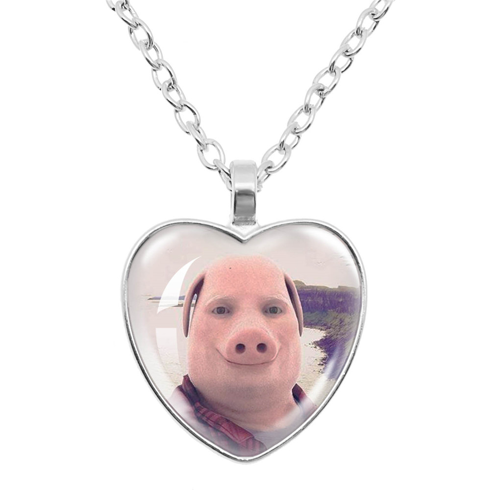 John Pork is Calling Answer Call Phone Humor Funny Pig Lover Graphic Glass Heart-Shape Pendant Necklace Charm Jewelry: Light Yellow Gold Color