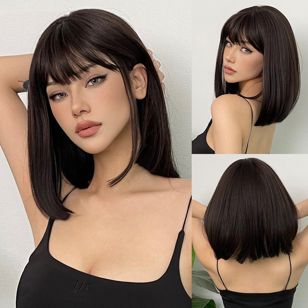 Short Layered Synthetic Wig Ombre Brown Medium Length Straight Natural Looking Hair Wig with Bangs Heat Resistant for Women Afro: green