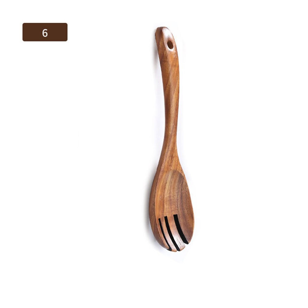 Naturliga träredskap redskap långa handtag träskedar non-stick kokkärl ekologisk teak praktiskt köksredskap: 6