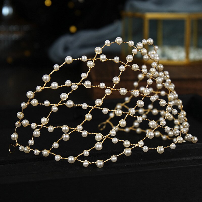 Vintage Baroque Gold Pearls Tiaras Headbands Handmade Bridal Wedding Hair Accessories Hairbands Hair Vines Women Hair Jewelry