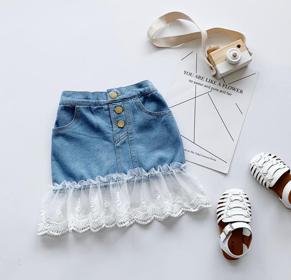 1-6Y Baby Girls Summer Clothing Infant Kids Baby Girl Denim Lace Patchwork Skirts Fishtail Ruffle Princess Bottoms Trumpet