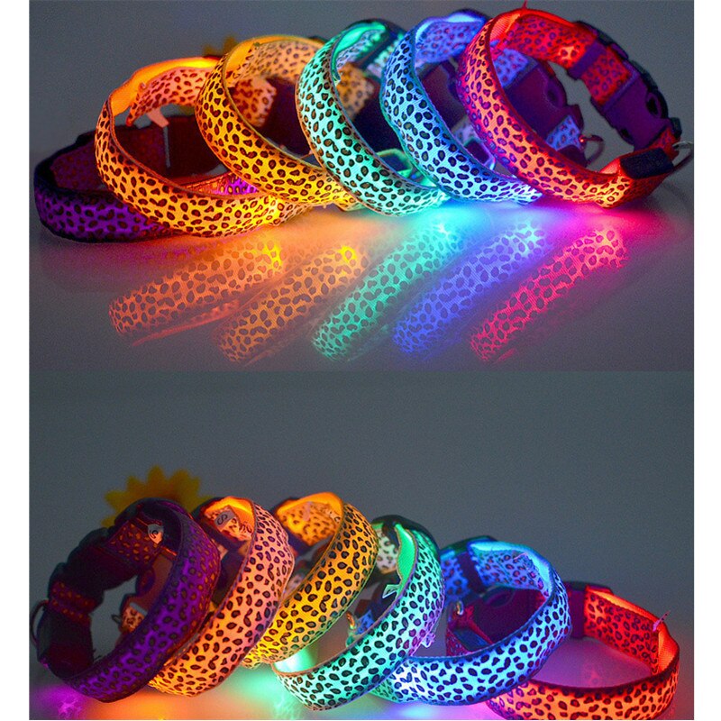 Collar luminoso LED para perro y mascota, arnés de seguridad para caminar al aire libre, con pajarita, brillante, para cachorro de leopardo