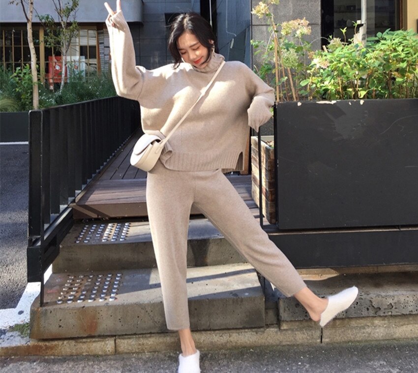 HAMALIEL Women Turtleneck Warm Knit Tracksuit Split Knitted Loose Sweater 2 Piece Pant Set + Elastic Waist Pants Suits: Beige