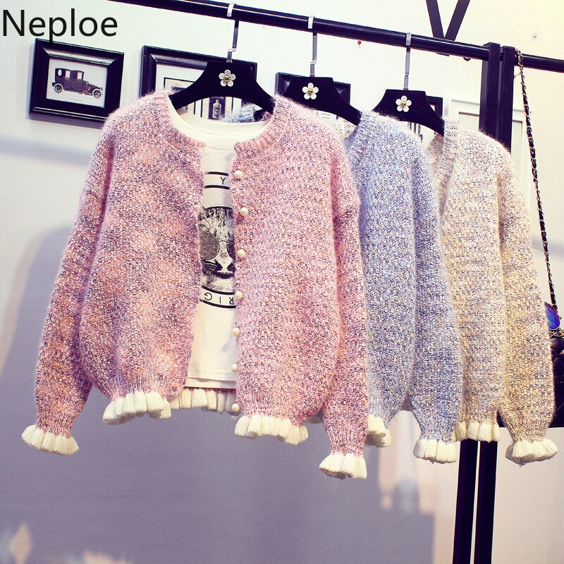 Neploe koreansk sød stil korte cardigans sweater kvinder flæser o hals perle veste femme løs strik studenterfrakke 46277