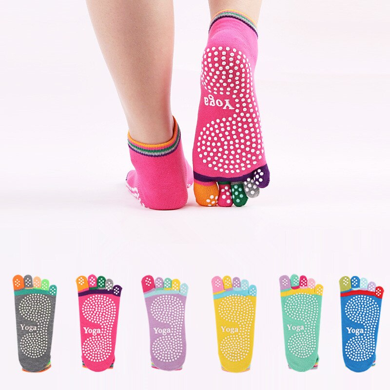 Chaussettes de Yoga à cinq doigts pour femmes, antidérapantes, colorées, en coton, avec poignées et points en Silicone antidérapants, tailles 34 à 39, paire/lot
