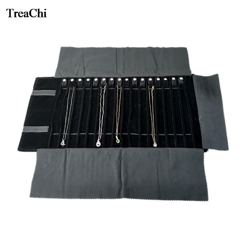 Black Velvet Jewelry Roll Bag Grey Pendant Bracelet Organizer Storage Pouch Portable Necklace Display Travel Cases: Black