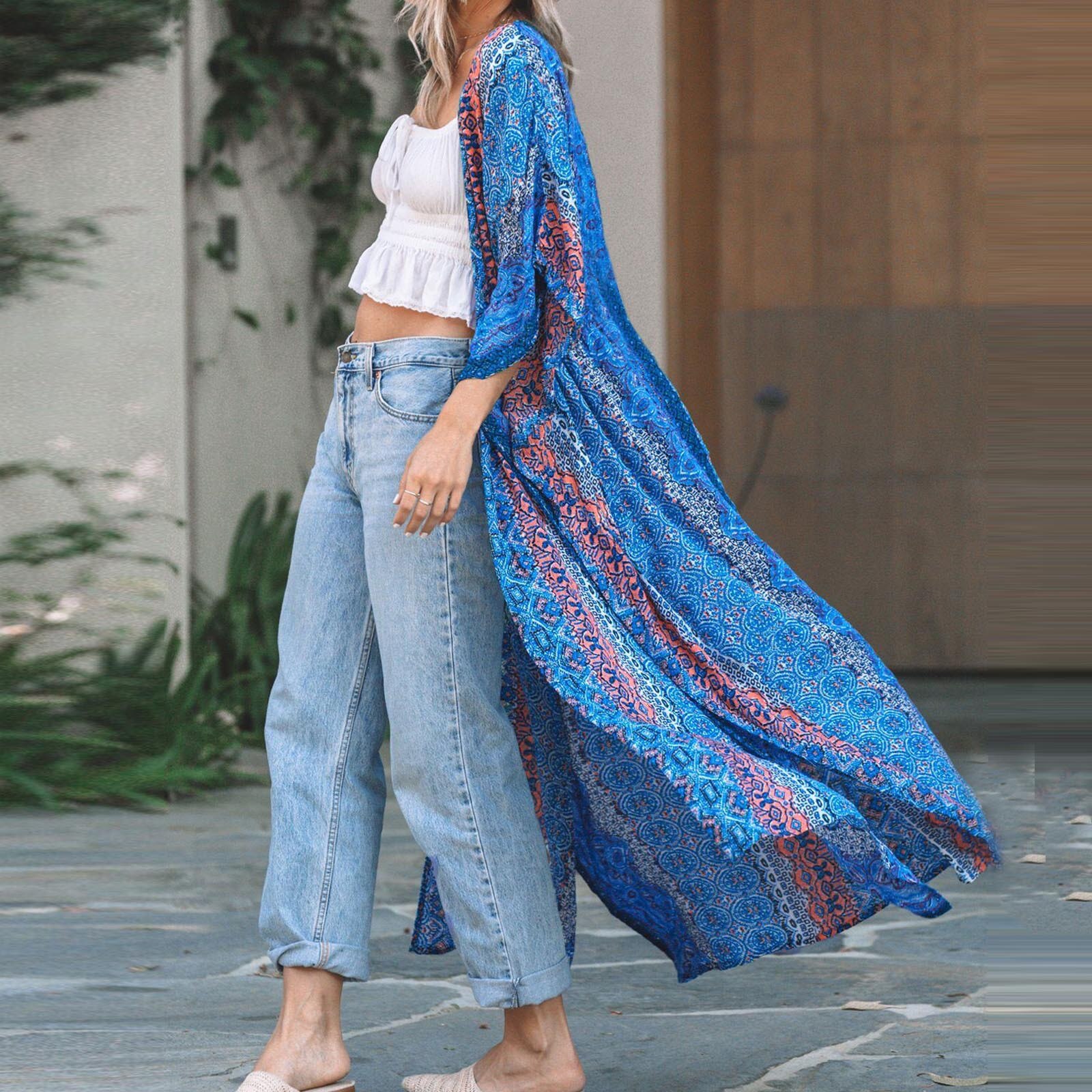 Vrouwen Print Chiffon Strand Kimono Lange Vest Blouse Sjaal Losse Tops Uitloper