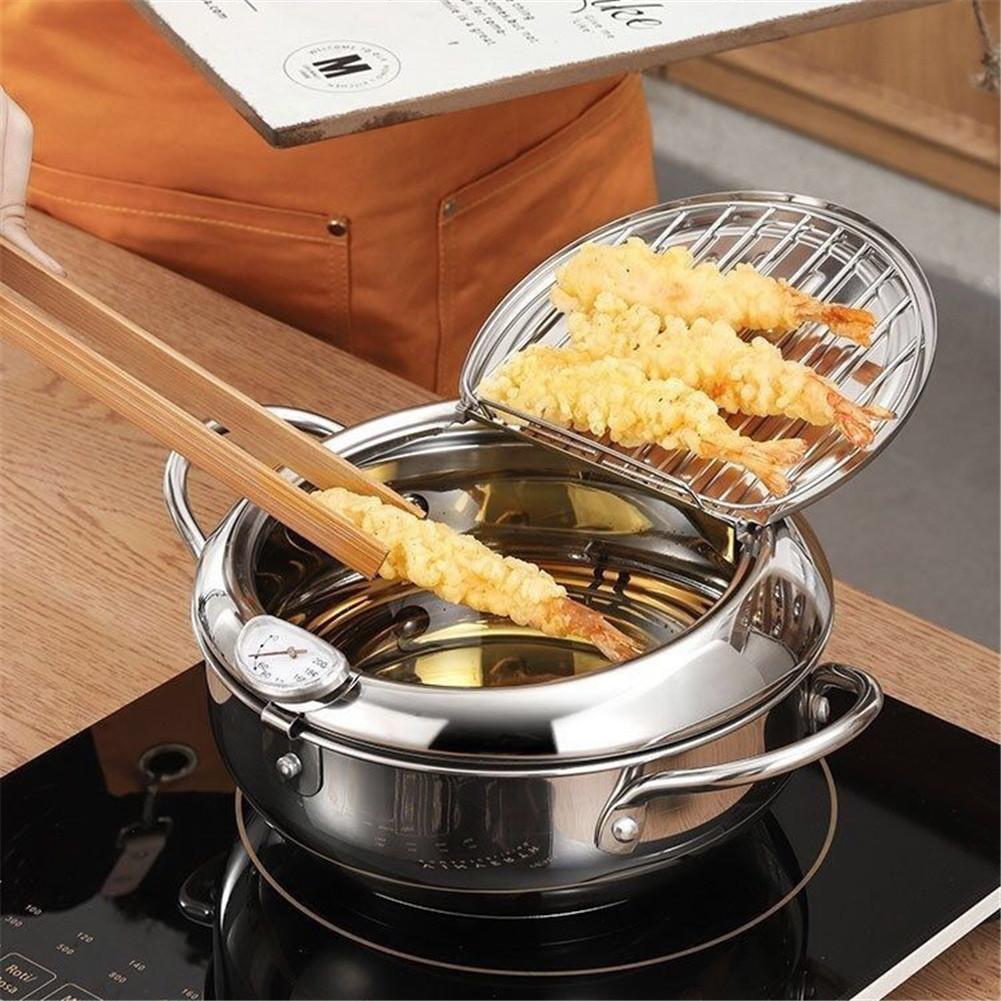 Frituregryde i rustfrit stål med termometer og låg husholdnings tempura frituregryde til madlavning til køkkeninduktionskomfur
