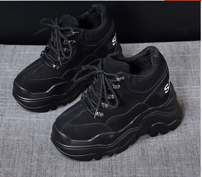 Vår och höst damskor stil fula skor allt-i-ett höga sneakers wedges platåskor 12cm: Svart / 8.5