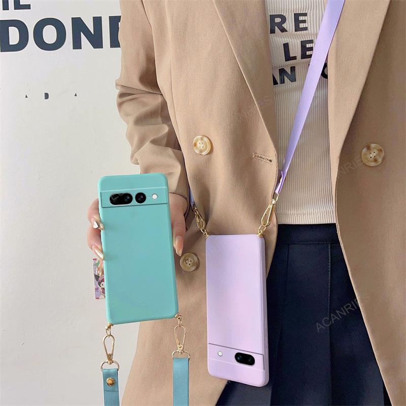 Correa para collar, cordón cruzado, funda de silicona líquida para Google Pixel 8 7 6 Pro 7A 6A, contraportada en Pixel7 Pixel6 A 7pro
