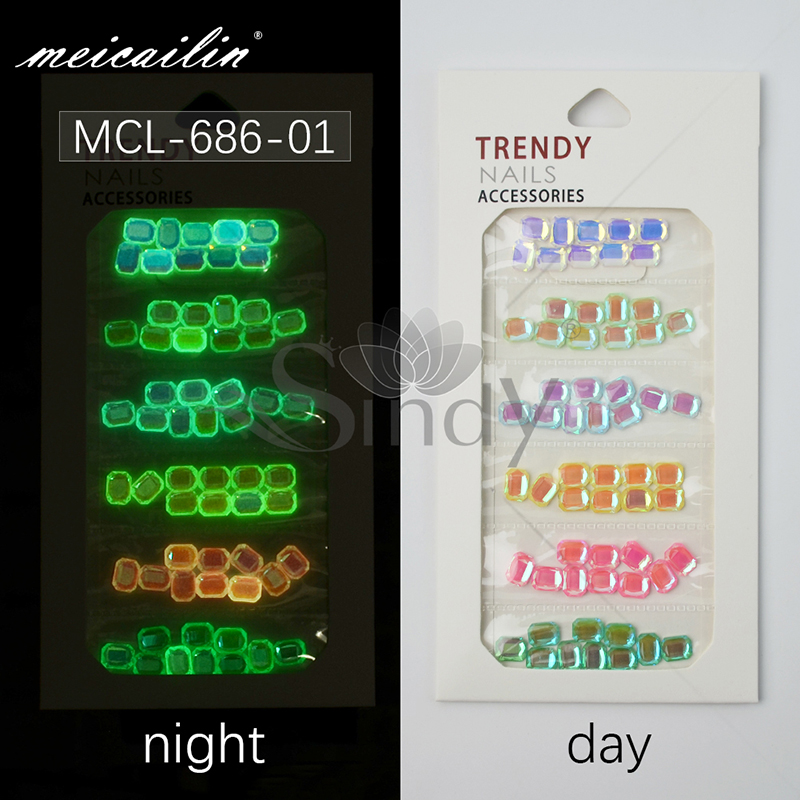 Mix 60pcs Fluorescerende Glas Nail Rhinestones Set Lichtgevende Plaksteen Diamant Vierkante Kristallen Glow In The Dark Gems Art Decoraties