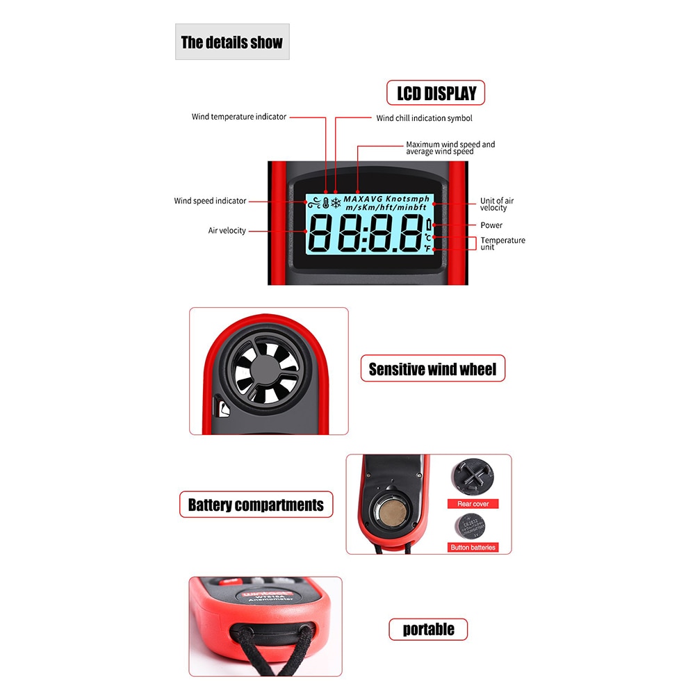 WT816A Digital Anemometer Handheld Wind Speed Meter WaterProof For Measuring Wind Speed Temperature And Wind Chill