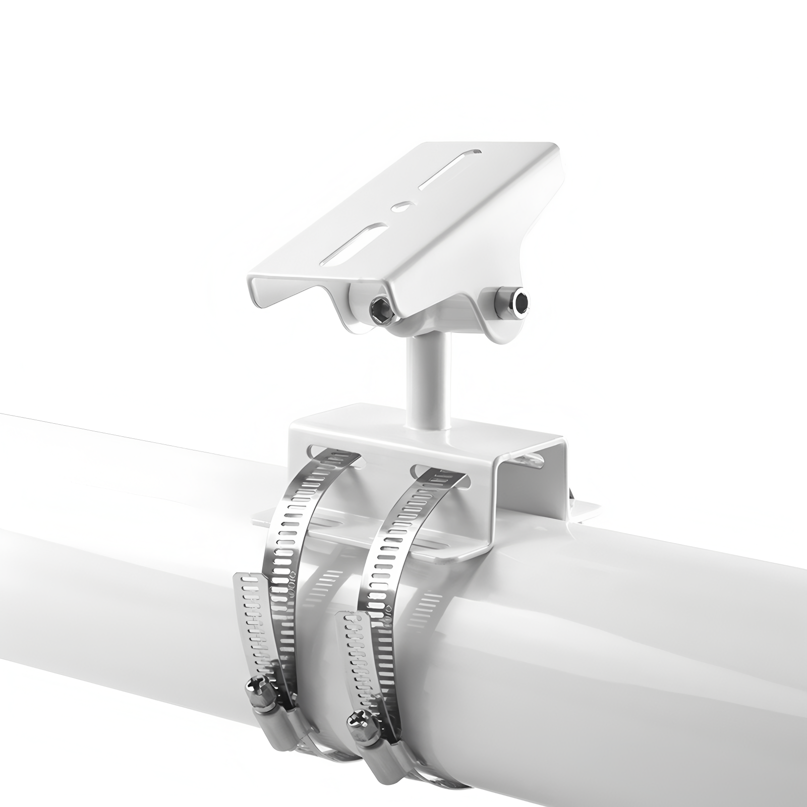 Universal CCTV Camera Mount Bracket, Wall/Ceiling/Pole Installation, Adjustable Clamp & Swivel Joint, Steel Material, White