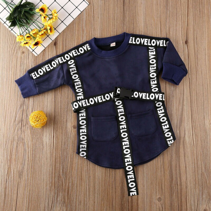 Pudcoco børn baby pige tøj langærmet sweatshirt lige kjole med bælte efterår spædbørn småbørn afslappet outfits 1-5t
