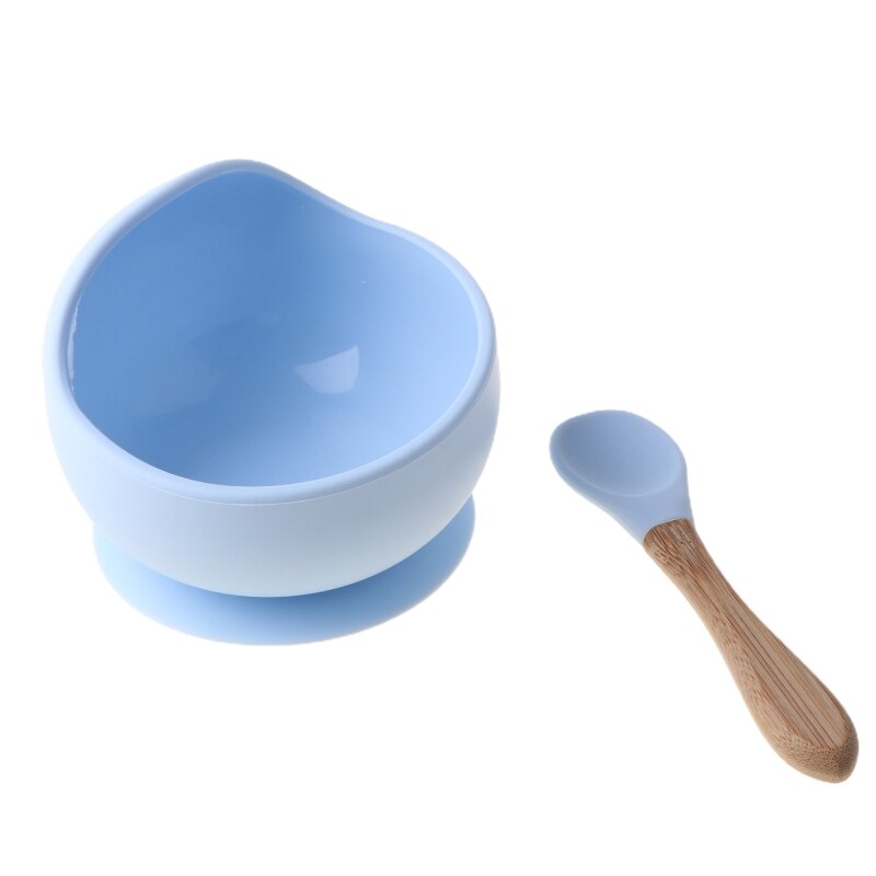 2 Pcs Non-Slip Learning Feeding Tableware BPA Free Silicone Waterproof Baby Suction Cup Base Bowl Training Spoon Set