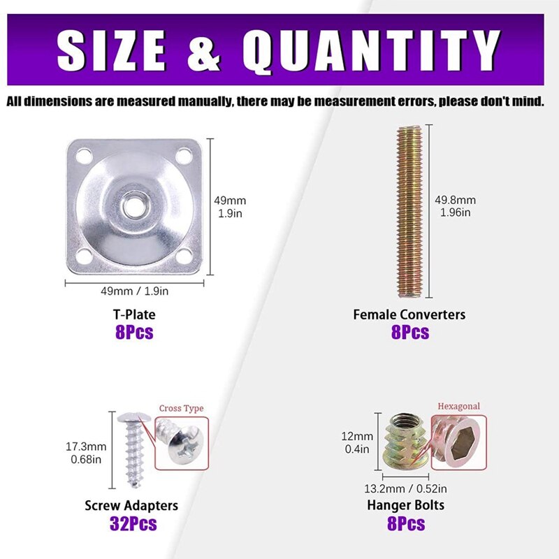 8 Sets Leg Mounting Plates with Hanger Bolts Screws Furniture Leg Attachment Plates Industrial Strength T-Plate M8