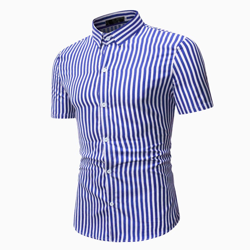 Casual skjorta herr randigt tryck slim fit topp manliga festklänning kortärmade skjortor sommar