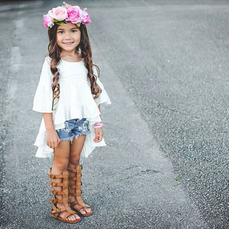 Blusas lisas de manga larga acampanada para niñas pequeñas, Tops de Blanco sólido, trajes de algodón con volantes, ropa de 1 a 9 años,
