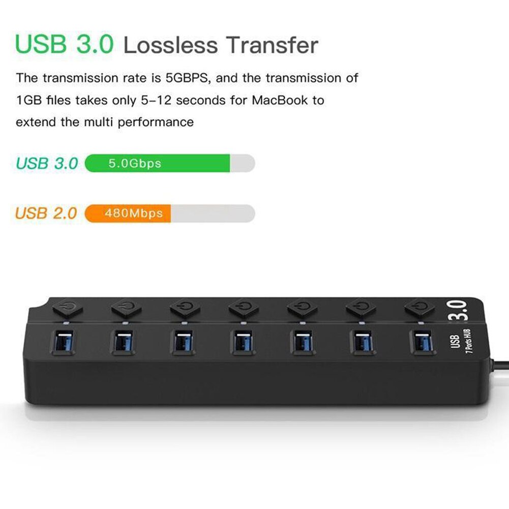 4 Ports 7 Ports USB 3.0 Hub High Speed USB Hub Splitter with Individual Switches Indicator Light for PC Desktop Laptop Computer