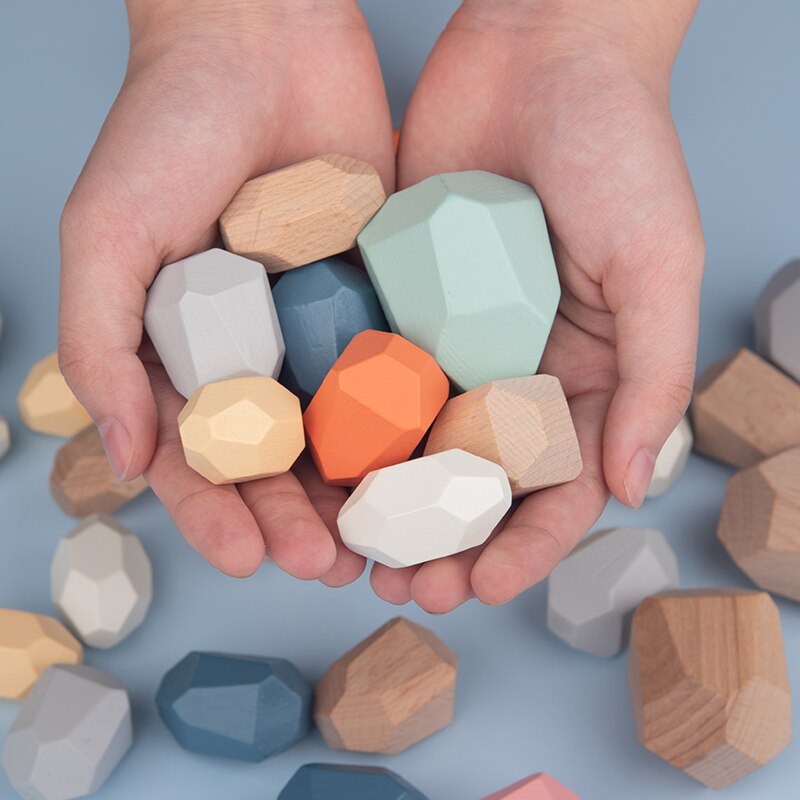 Wooden Balancing Blocks Kids Natural Wood Toys Colored Wooden Stones Stacking Game Rock Blocks Educational Puzzle Toy