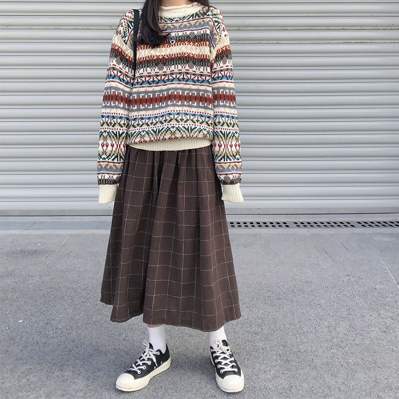2 farben japanischen stil hohe elastische taille Lange Röcke Frau herbst Winter Plaid A-linie plissee Röcke frauen (X1078)