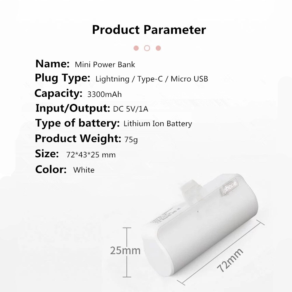 Mini banco de energía inalámbrico, cargador portátil de 3300mAh, batería externa para iPhone, Xiaomi, Huawei, Samsung, OPPO, USB C