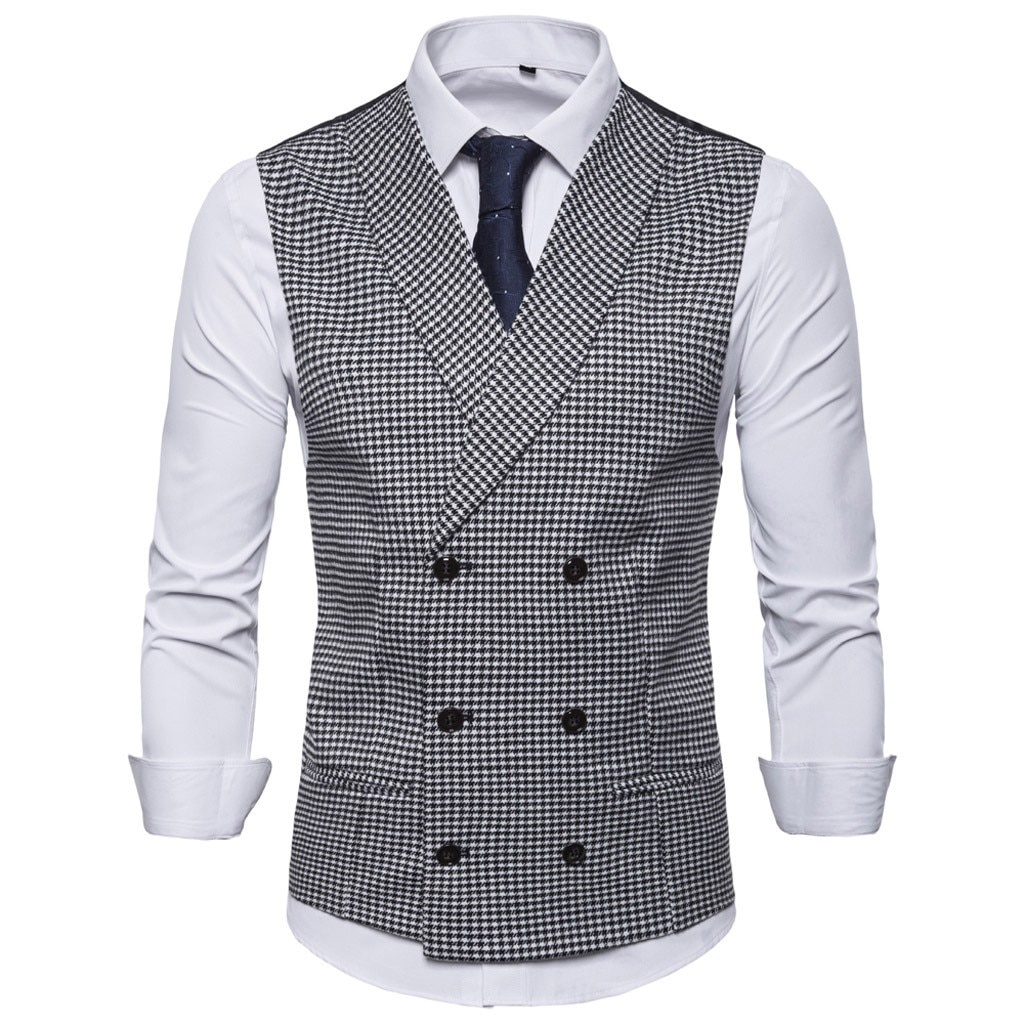 houndstooth Waistcoat Men Suit Vest Autumn Winter Formal Bussiness double breasted chalecos para hombre d91026